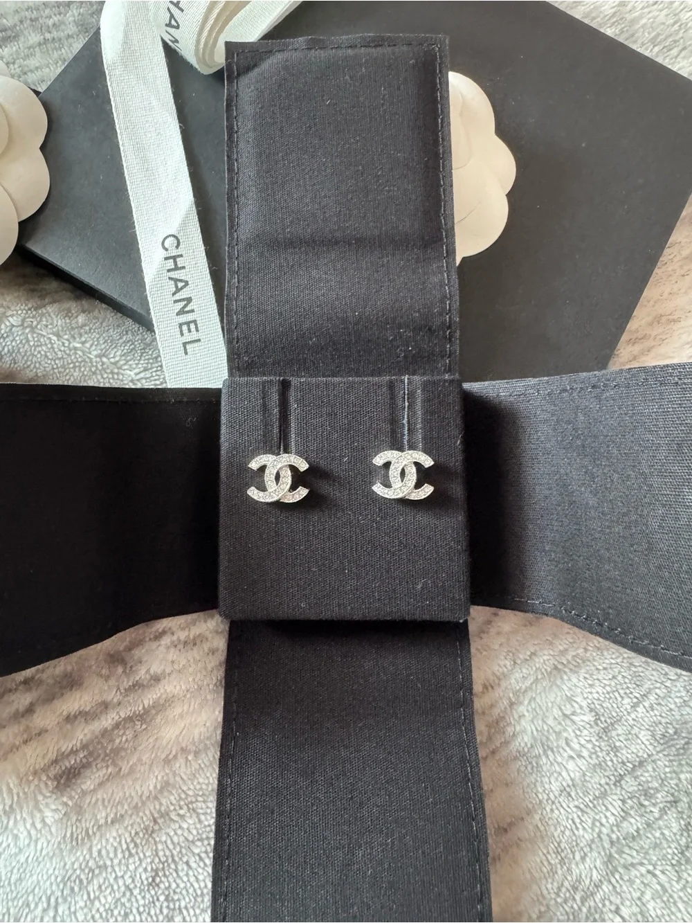 Chanel Silver-Tone Crystal CC Logo Stud Earrings